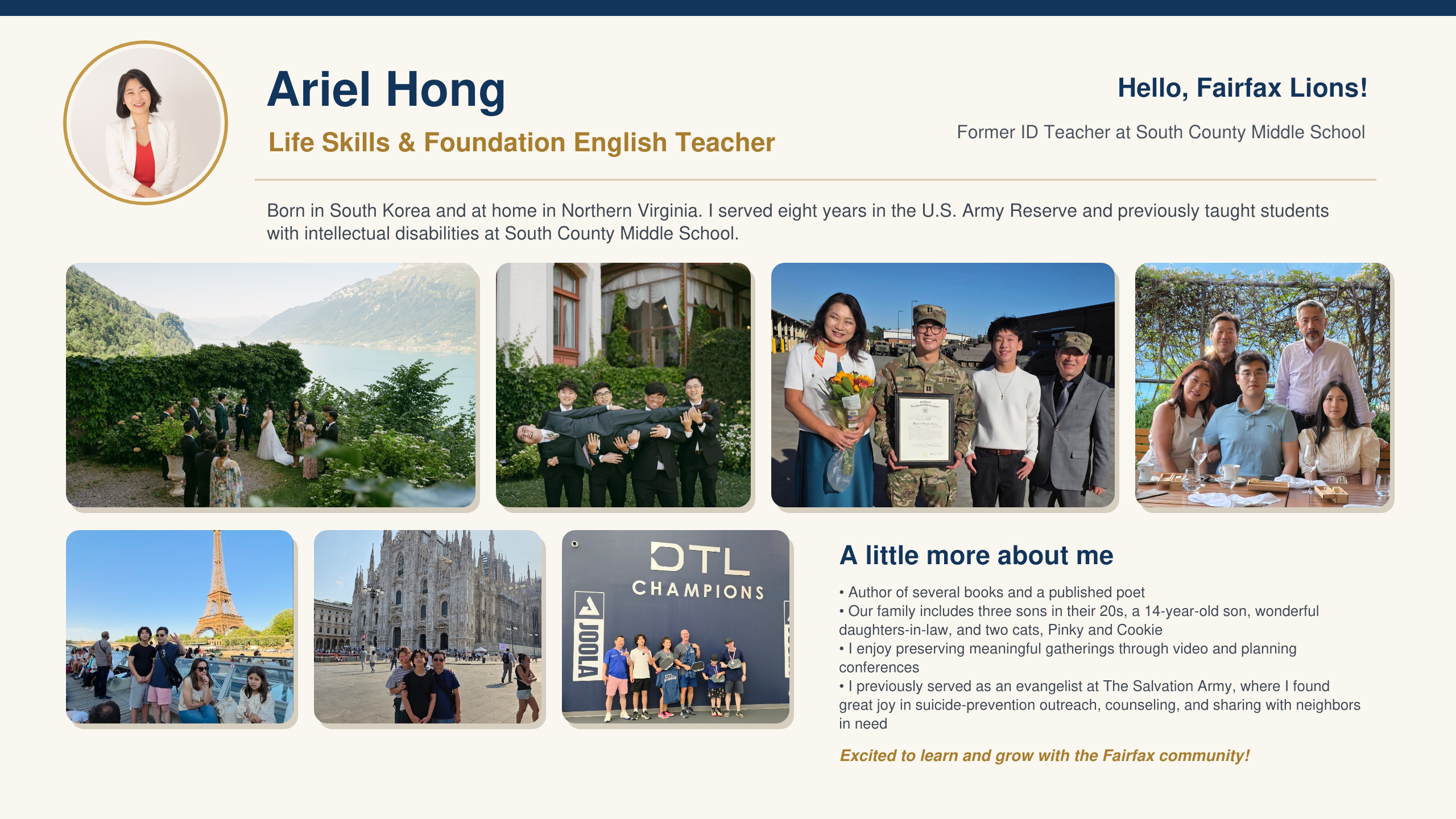 Ariel Hong's Fairfax High School introduction slide with family, travel, and joyful moments